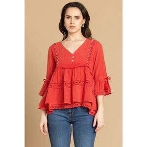 NWT Boutique Boho Women's Pinkilicious Babydoll Tassel top by Bohera